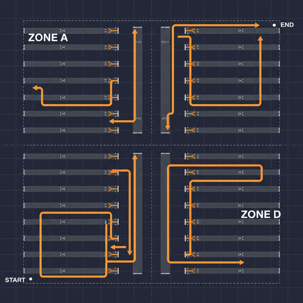 Theoretical warehouse picking path map showing optimised routing